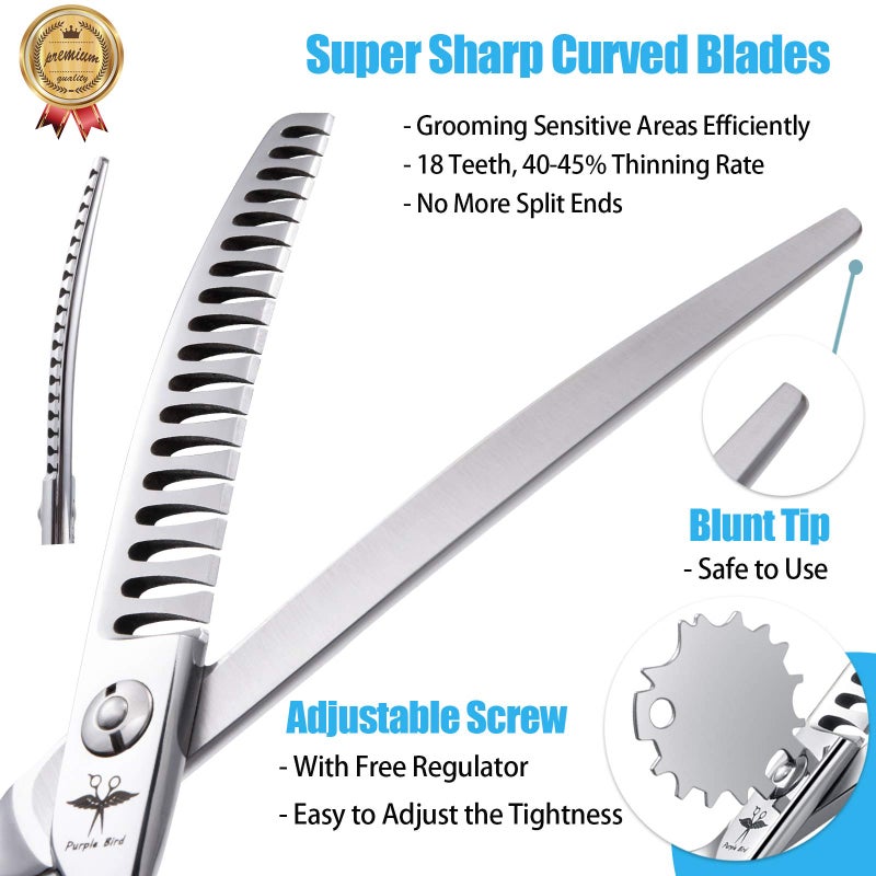 PURPLEBIRD 6.5 Inch Downward Curved Dog Grooming Scissors Pet Chunker Shears Professional Safety Blunt Tip Trimming Shearing for Dogs Cats Face Paws Limbs Japanese Stainless Steel Silver - Image 2